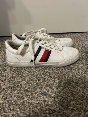 White Sneakers with Navy & Red Stripes